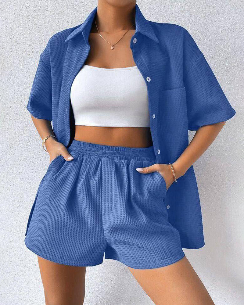 Casual Two-Piece Short Sleeve Lapel Cardigan Top and Shorts Loungewear Sets