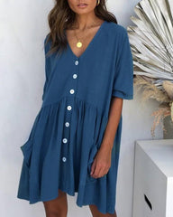 Half Sleeve Summer Shirt Dress V Neck Button Down Casual Loose Flowy Swing Mini Dress with Pockets