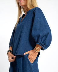 Casual Denim Loose Puffed Sleeve Blouse