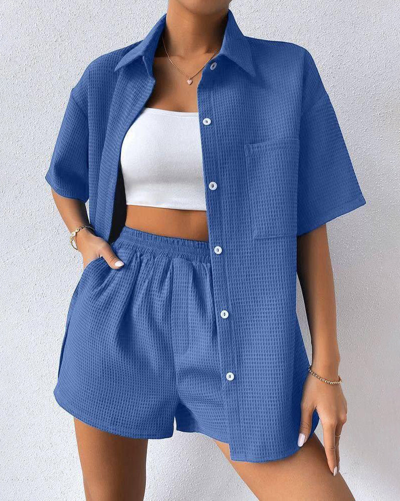 Casual Two-Piece Short Sleeve Lapel Cardigan Top and Shorts Loungewear Sets