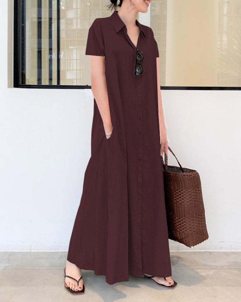 Casual Loose Short Sleeve Beach Dress Solid Color Loose Temperament Long Shirt Dress