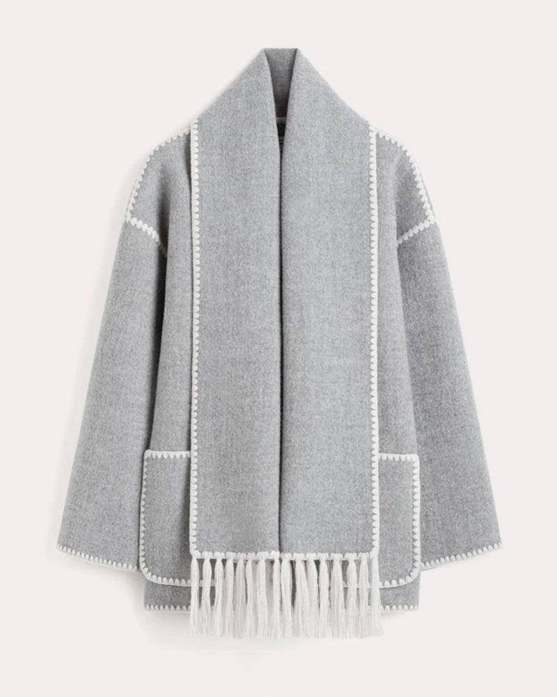 Women's Thickened Loose Woolen Coat with Fringed Scarf