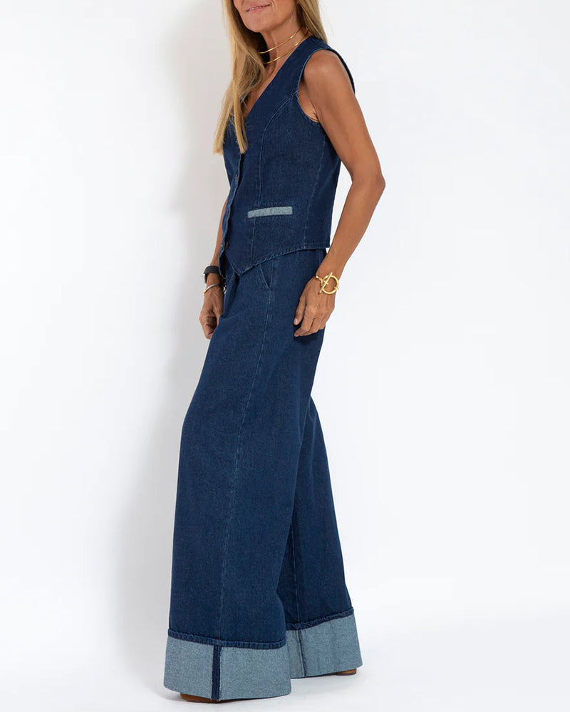 Casual Denim Two-piece Set Sleeveless Vest and Long Wide-leg Jeans Pants
