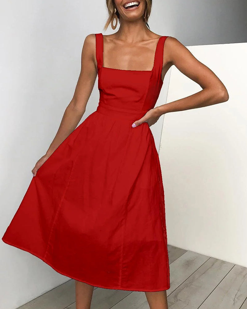 Square Neck Sleeveless Elastic Waist A-line Midi Dress