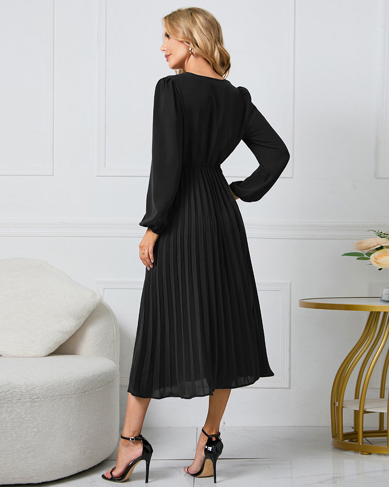 Elegant Wrap V Neck Lantern Sleeve Bulted Pleated Flowy Midi Dress