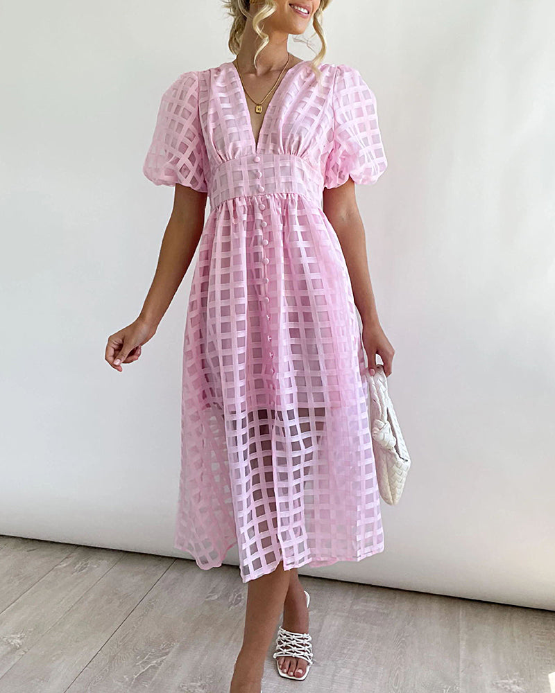 Deep V Neck Short Puff Sleeve Plaid Midi Dress Elegant Button Front Beach Flowy Dress