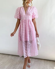 Deep V Neck Short Puff Sleeve Plaid Midi Dress Elegant Button Front Beach Flowy Dress