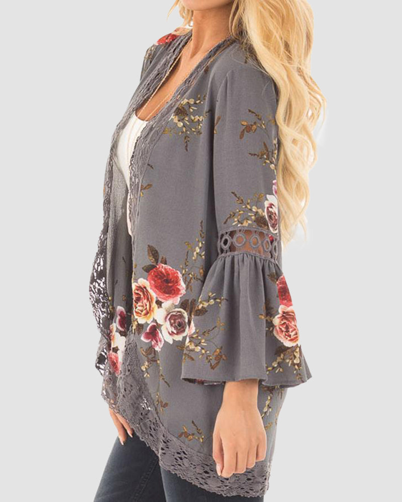 Flare Sleeve Floral Print Lace Blouse Cardigan