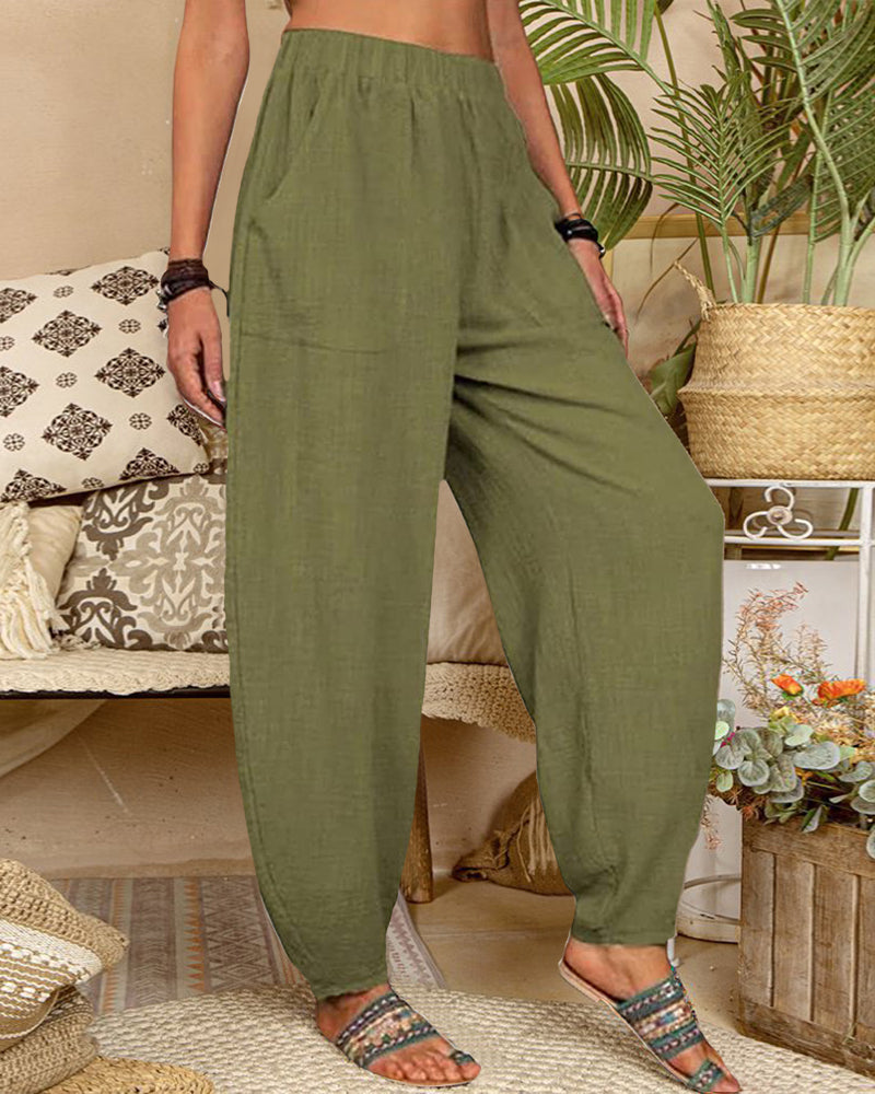 Long Elastic Loose Casual Trousers Harem Pants Pockets Wide Leg Pants