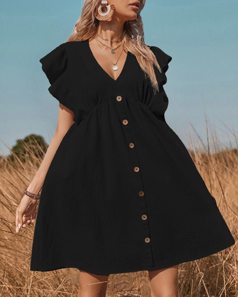 V Neck Loose Spring Summer Ruffle Trimed Button Smock Sleeveless Mini Vest Dress