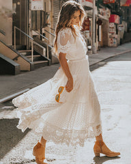 V Neck Short Sleeve Lace Maxi Dress