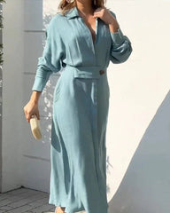 Slit Solid Women's Shirt Dress Elegant Casual Lape Long Sleeve Maxi Dresses