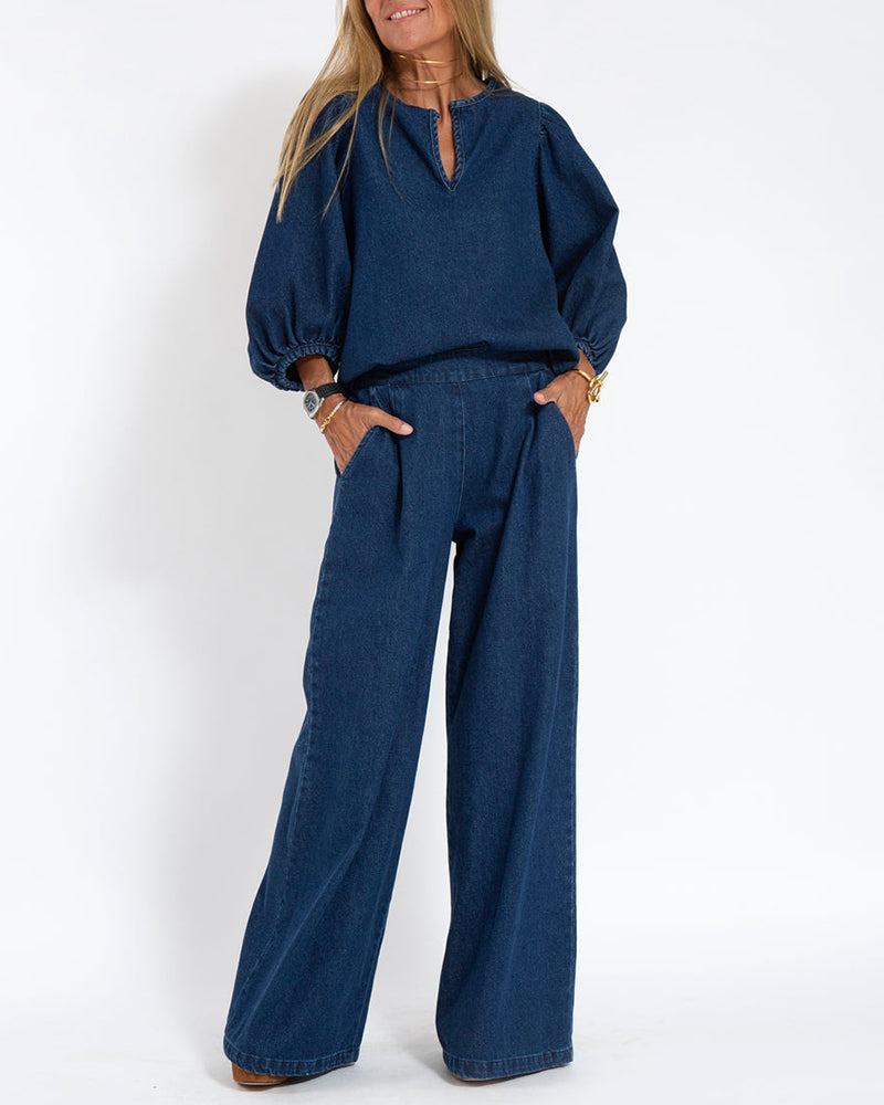 Casual Denim Two-piece Set Loose Puffed Sleeve Blouse and Wide-leg Pants