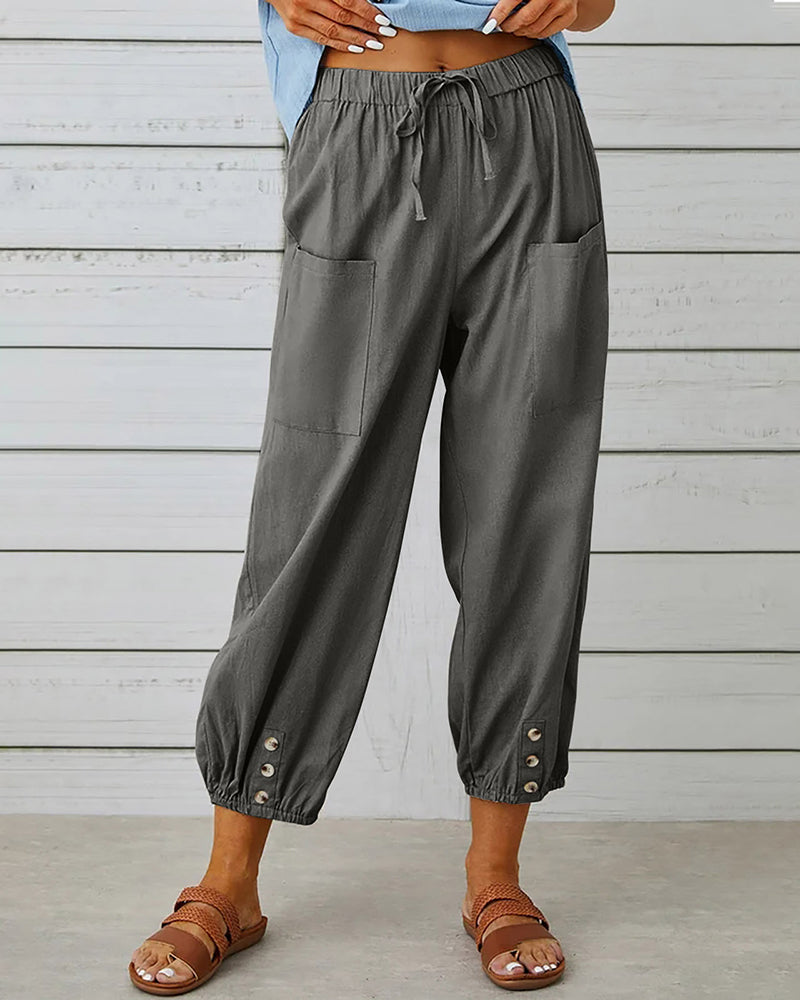 Plus Size Drawstring Soild Elastic Pocket Casual Pants