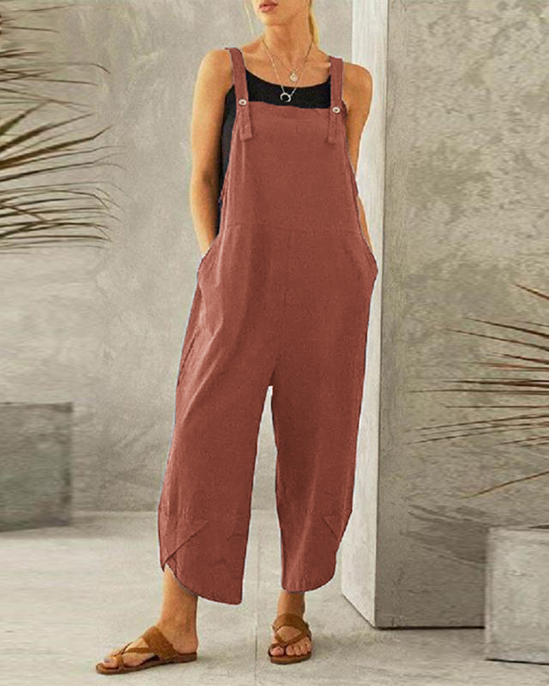 Button Pocket Playsuit Romper Women Strap Long Solid Casual Jumpsuits