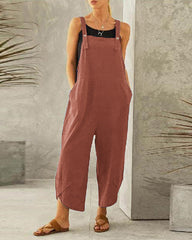 Button Pocket Playsuit Romper Women Strap Long Solid Casual Jumpsuits