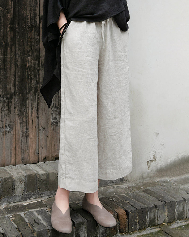 Tether Linen Casual Cropped Pants Women's Cotton Linen Wide Leg Pants