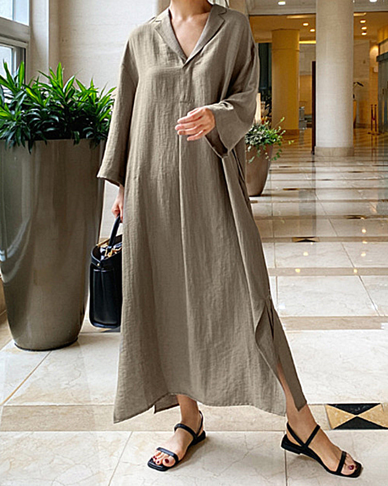 Casual Loose Long Sleeve Solid Color V-Neck Summer Maxi Shirt Dress