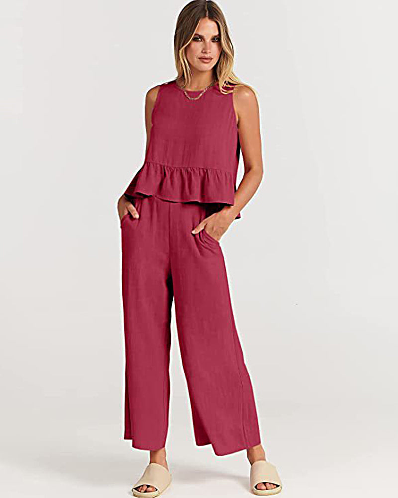 2 Piece Outfits Sleeveless Ruffle Tank Crop Top and Wide Leg Pants Lounge Set with Pockets