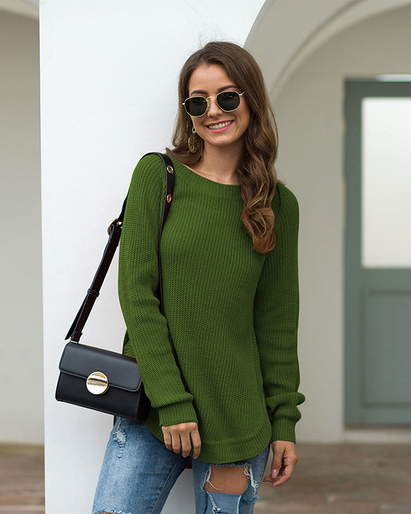 Crew Neck Long Sleeve Slit Pullover Knit Sweater