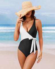 Color Block Wrap One Piece Swimsuits Bowknot Tie Side Bathing Suit