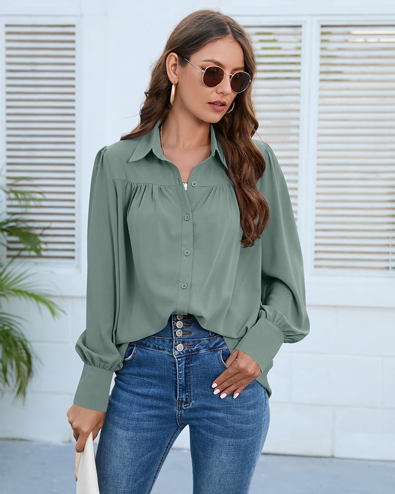 V Neck Button Down Shirts Long Sleeve Collared Blouses Tops