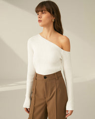 Oblique Shoulder Backless Knitwear Sweater