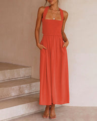 Elastic Waist Cross Straps Solid Casual Dress Sleeveless A-Line Summer Maxi Dress