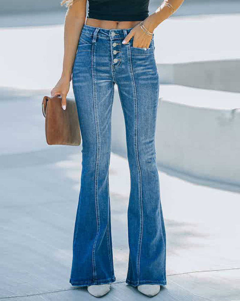 High Rise Long Paneled Flare Denim Jeans