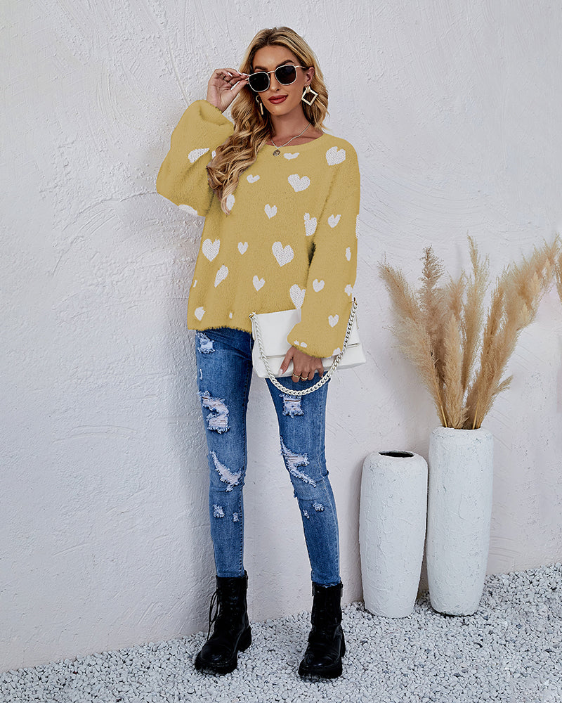 Love Pattern Round Neck Knit Sweater