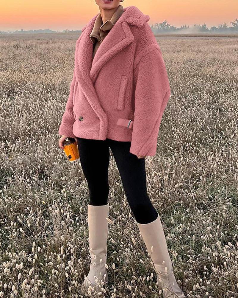 Lapel Fleece Jacket Long Sleeve Pockets Faux Fur Dressy Fall Outfits