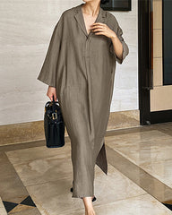 Casual Loose Long Sleeve Solid Color V-Neck Summer Maxi Shirt Dress