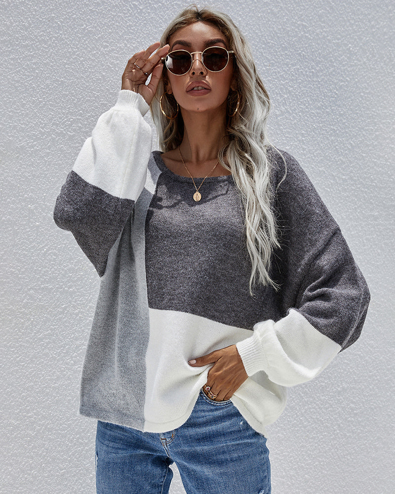 Knitted Color Block Pullover Lightweight Loose Casual Sweater