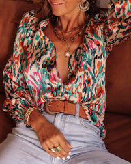 Retro Oil Painting Printed Shirt V-neck Bubble Sleeve Top