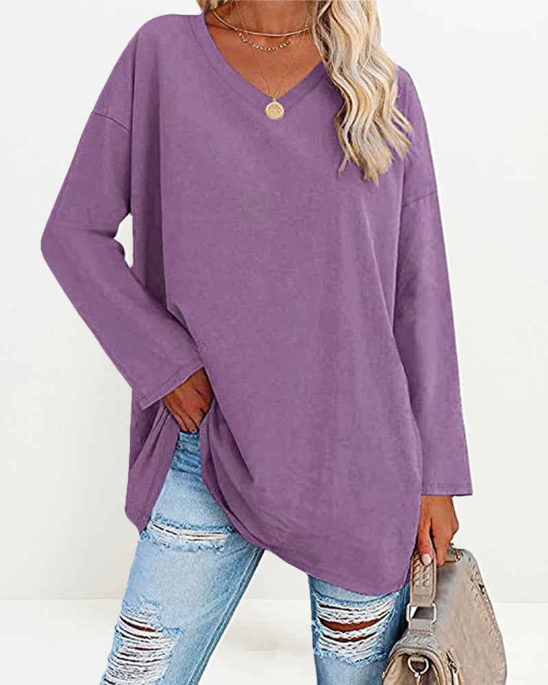 Solid Color V Neck Long Sleeve Pullover Basic Tshirts Casual Sweatshirts