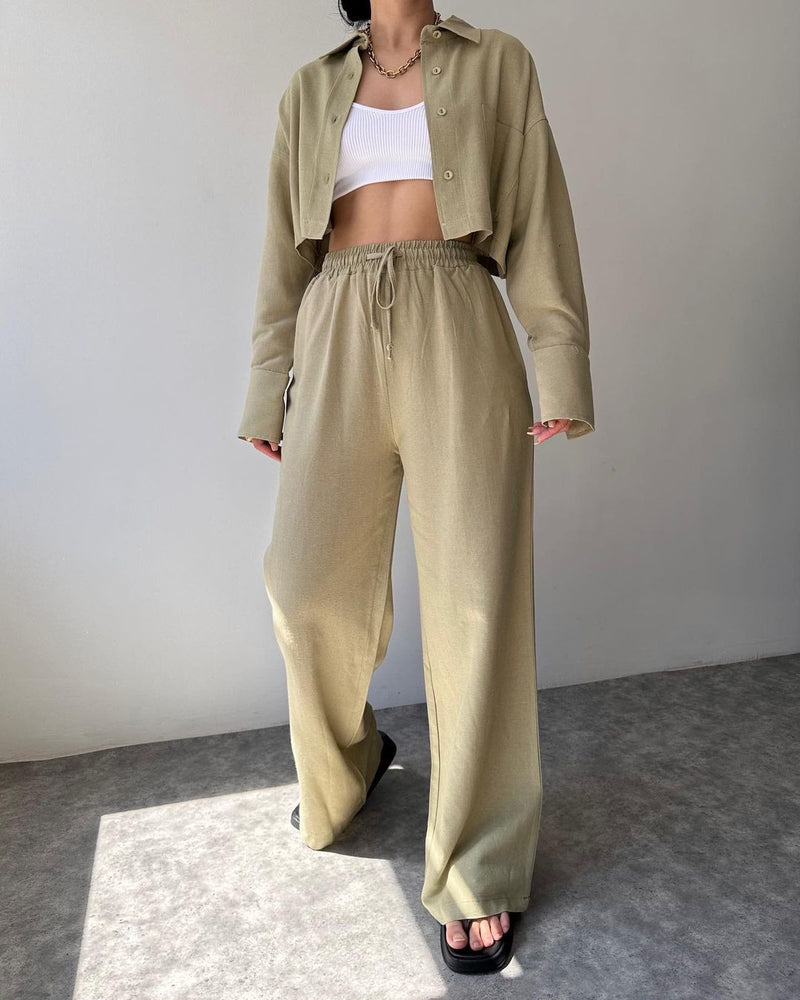 Two Piece Outfits Casual Lounge Sets Long Sleeve Short Casual Shirt with Drawstring Trousers Set