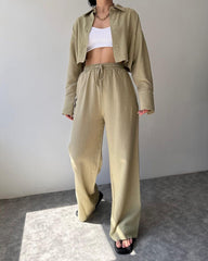 Two Piece Outfits Casual Lounge Sets Long Sleeve Short Casual Shirt with Drawstring Trousers Set