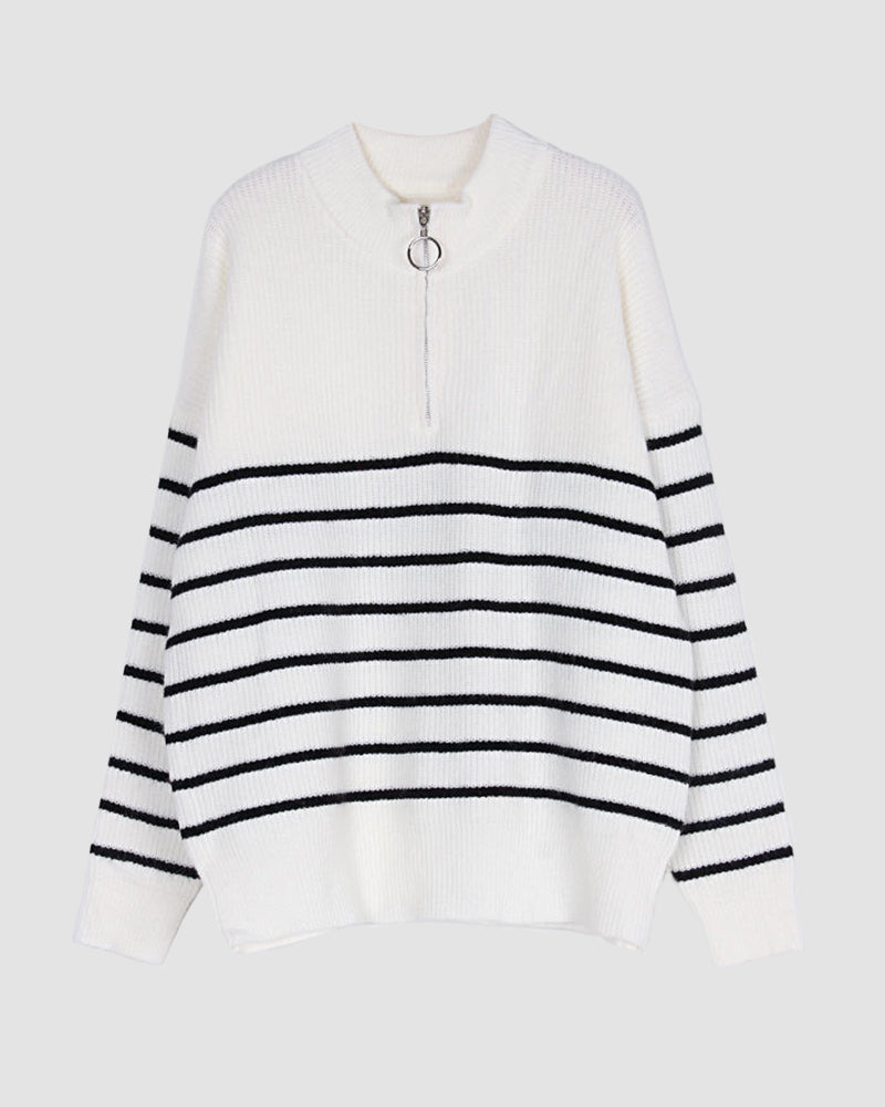 Striped Pattern Quarter Zipper Drop Shoulder Sweater Pullover