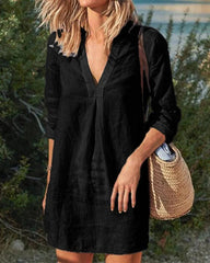 Button Down Knee Length Midi Dress V Neck Split Casual Long Sleeve Dress