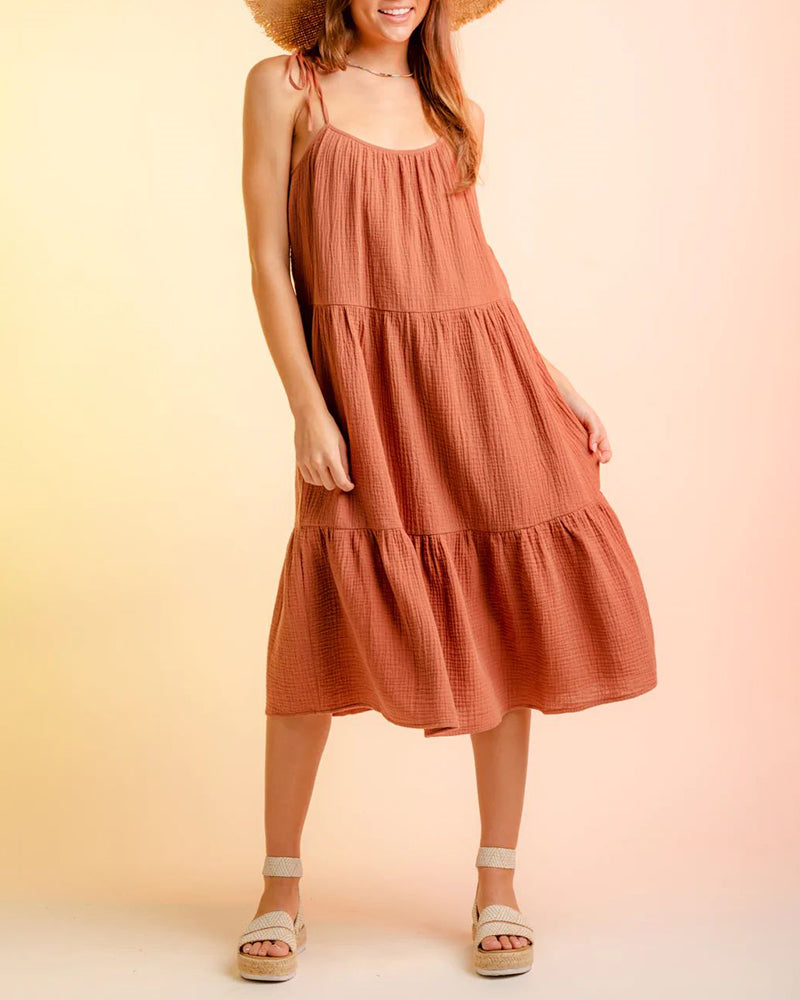 Lace-up Sling Dress Candy Color Stitching Solid Color Midi Dress