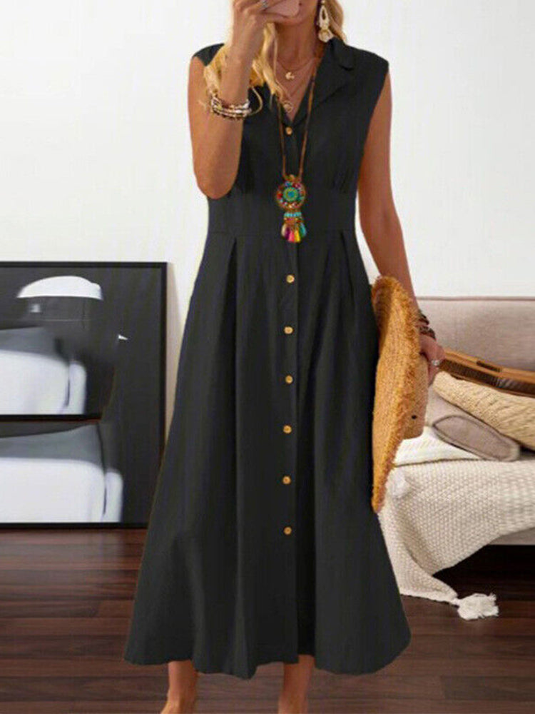 V Neck Lapel Button Down Maxi Dress Sleeveless Casual Beach Long A Line Shirt Sundress