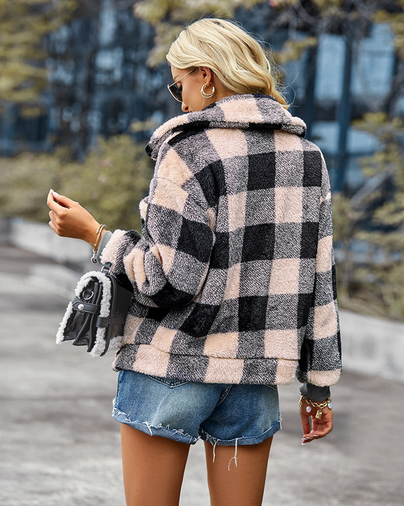 Double Sided Fleece Long Sleeve Plaid Jacket