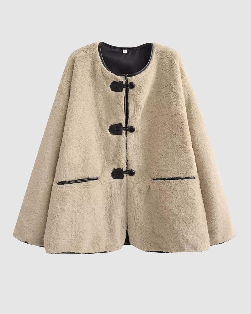 Round Neck Long Sleeve Faux Fur Coat