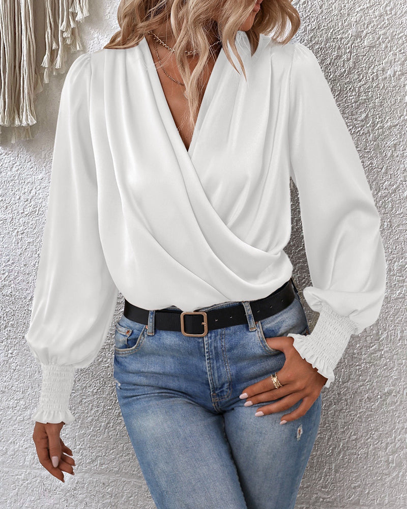 Elegant V-neck Lantern Sleeve Blouse Temperament Solid Color Shirt