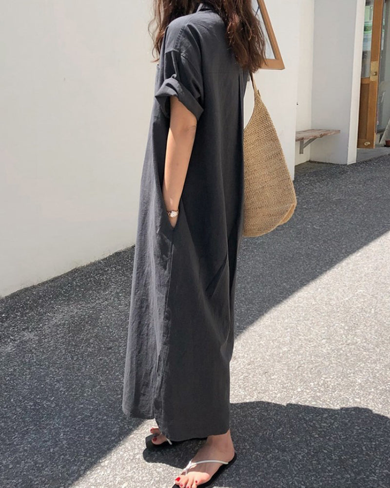 Oversized Button Down Maxi Shirt Dress Short Sleeve Side Split Casual Loose Solid Tunic Dress