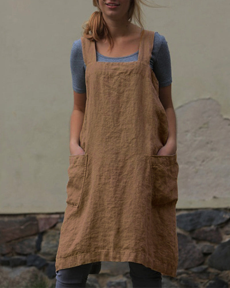 Cross Back Apron with Pockets Pinafore Dress