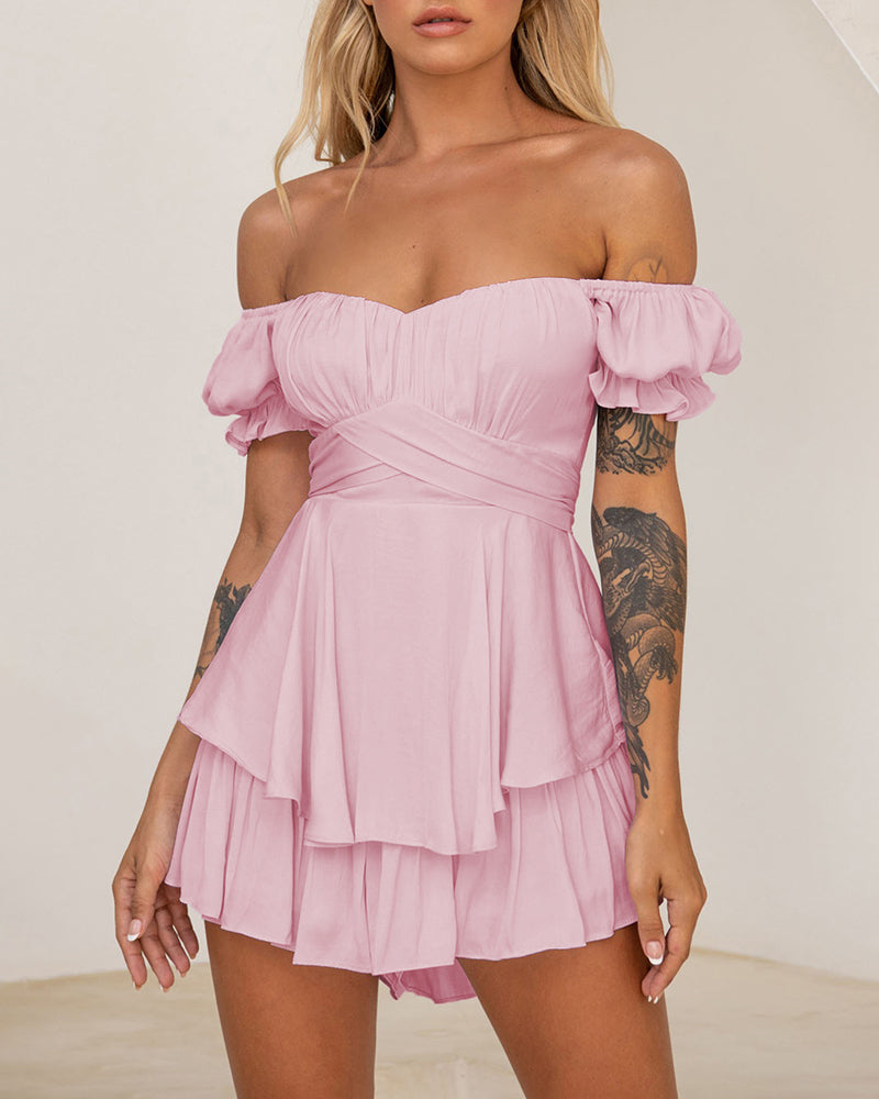 Off Shoulder Mini Rompers Solid Ruffle Hem Shorts Jumpsuit Dress