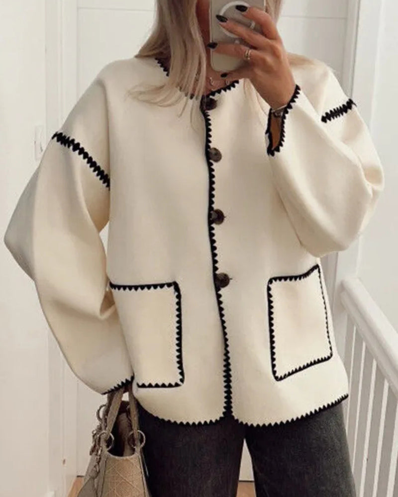 Buttoned Crew Neck Loose Color Block Knitted Jacket