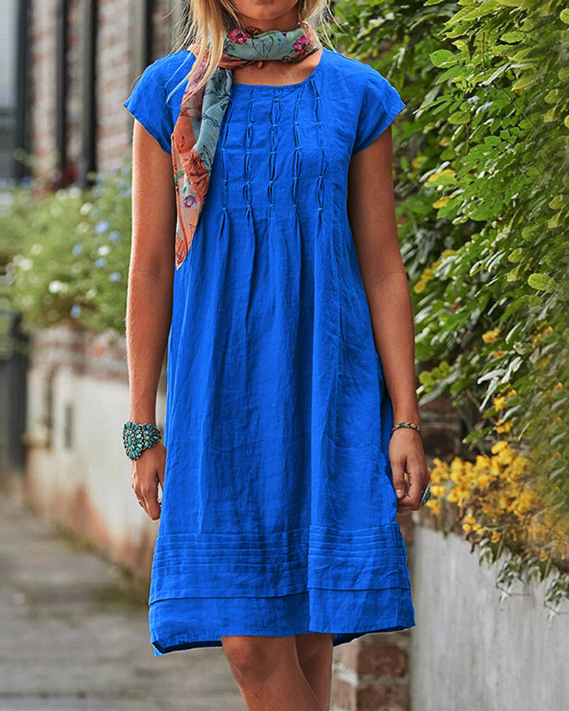 Knee Length Plain Crewneck Tunic Dress Ruched Short Sleeve Loose Pleated Sundress