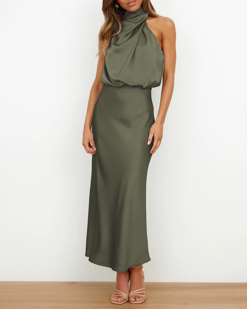 Long Formal Satin Dress Mock Neck High Neck Evening Dress